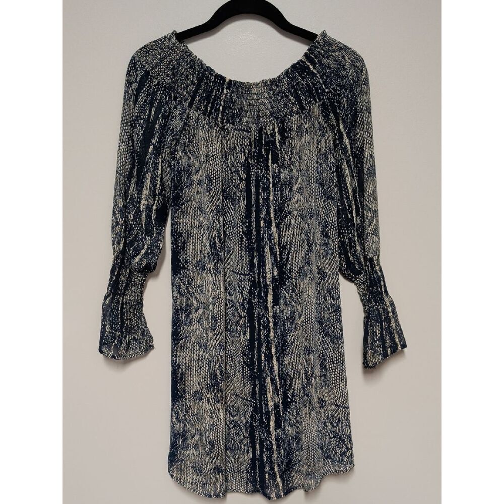 Abbeline Navy and Ivory Long-Sleeve Printed Peasant Dress